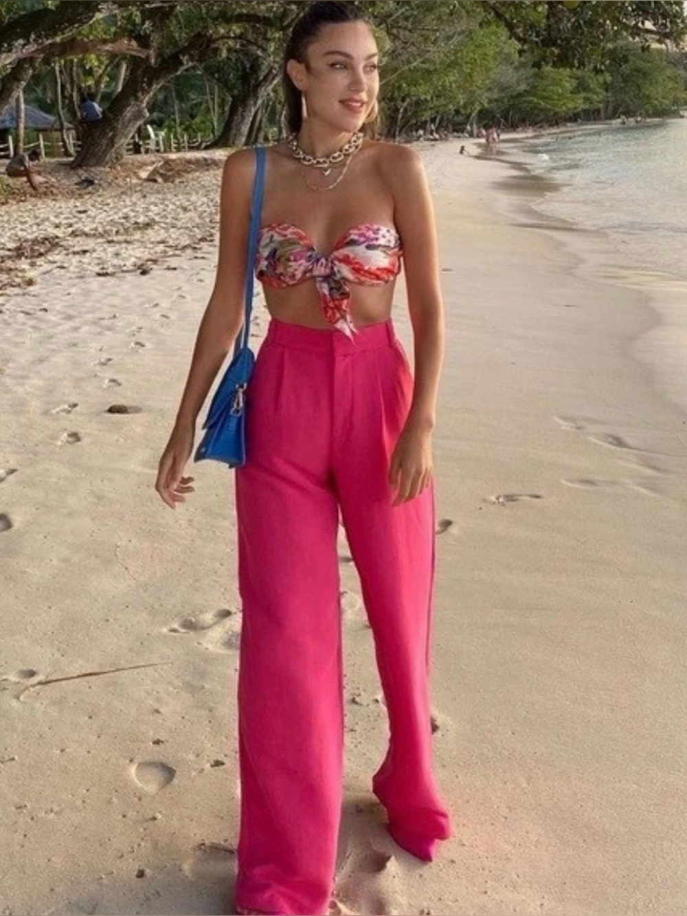 NWT Zara Wide Leg Pants High Waist Pleated Pink Trousers Size S